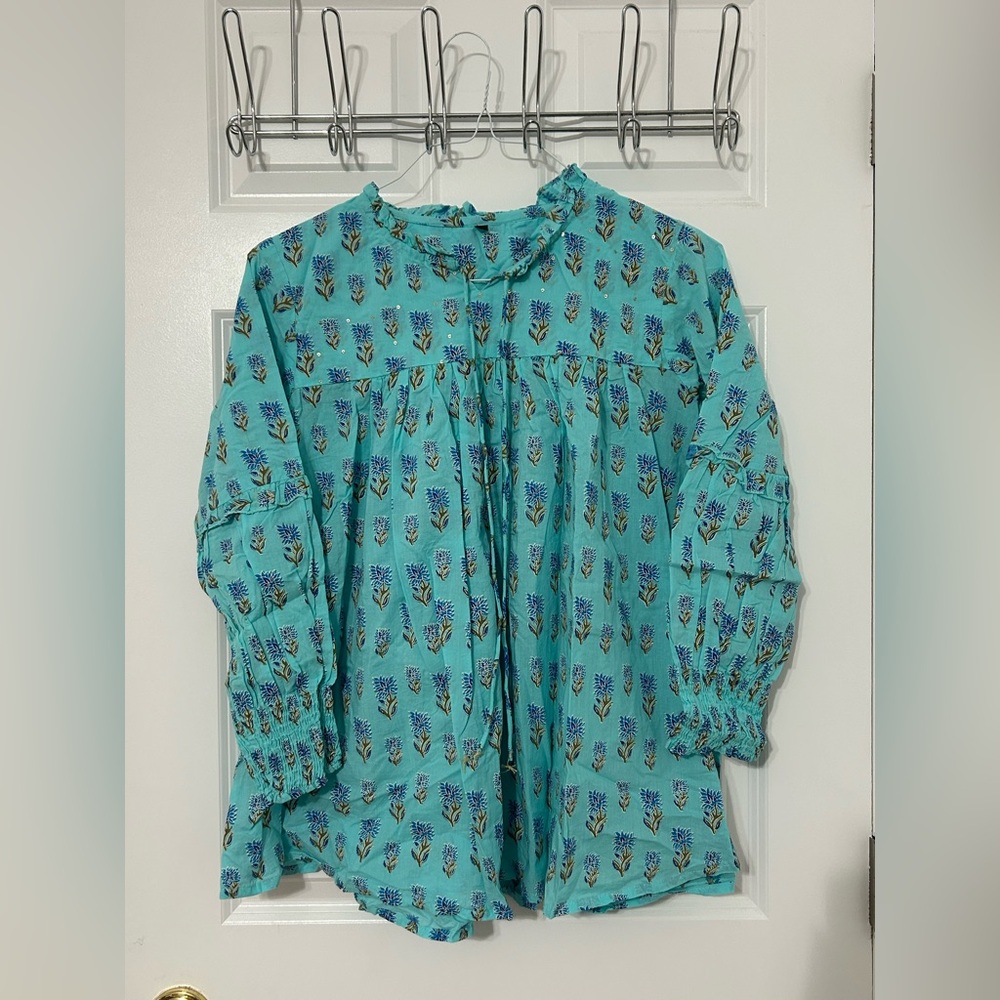 Indian blue floral print cotton top